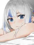  1girl absurdres bangs blue_eyes blue_hair blurry blurry_foreground blush closed_mouth commentary darkzmonsty depth_of_field gawr_gura grey_hair highres hololive hololive_english long_hair looking_at_viewer lying multicolored_hair on_stomach simple_background solo streaked_hair virtual_youtuber white_background 