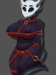  arms_tied arthropod big_breasts blush bound breasts clothing dark_body dark_skin female hi_res hollow_knight hornet_(hollow_knight) humanoid insect jewelry kneeling legwear necklace panties randoontheinte red_clothing straps team_cherry thigh_highs underwear video_games 