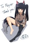  1girl animal_ear_fluff animal_ears bangs barefoot belt blunt_bangs commission english_text fox_ears fox_girl fox_tail from_above mikan_(rayer) nail_polish original pedicure pixiv_request putting_on_legwear red_eyes salpin slit_pupils tail thank_you thighhighs toenail_polish toenails toes twintails 