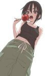  1girl absurdres arm_behind_back bangs bare_arms bare_shoulders black_hair black_tank_top blush breasts brown_eyes candy_apple collarbone drawstring food from_below green_pants hair_between_eyes hand_up highres holding holding_food kagawa_rin navel official_art open_mouth pants short_eyebrows sidelocks simple_background small_breasts solo soredemo_ayumu_wa_yosetekuru tank_top teeth thick_eyebrows upper_teeth white_background yamamoto_souichirou 