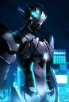  1boy alien bemular blue_eyes glowing glowing_eye head_tilt kagami_rei male_focus night power_armor science_fiction solo ultra_series ultraman_(hero&#039;s_comics) upper_body 