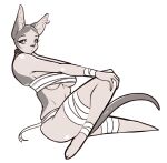  2022 amunet anthro breasts chest_wraps clothed clothing collar digital_media_(artwork) domestic_cat ear_piercing ear_ring felid feline felis female hairless hairless_cat holding_knee looking_at_viewer mammal monochrome multicolored_body piercing pinup pose raised_leg redrabbu ring_piercing simple_background skimpy solo sphynx_(cat) two_tone_body white_background wraps 