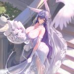  1girl animal_ears armlet ass azur_lane backless_outfit bangs bird blue_eyes blurry blurry_foreground bouquet breasts bridal_veil choker cleavage crossed_bangs dress earrings fake_animal_ears flower gloves hair_between_eyes highres holding holding_bouquet jewelry large_breasts long_hair looking_at_viewer new_jersey_(azur_lane) new_jersey_(snow-white_ceremony)_(azur_lane) outdoors parted_lips purple_hair rabbit_ears rose sansan_(dongfangzhong111) smile solo stairs standing sunlight veil very_long_hair wedding_dress white_choker white_dress white_flower white_gloves white_rose 