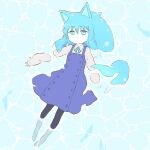  1girl afloat animal_ears black_pantyhose blue_background blue_bow blue_bowtie blue_dress blue_eyes blue_hair blue_theme bow bowtie buttons cat_ears closed_mouth collared_shirt colored_skin diode_(0_division) dress fins full_body grey_shirt highres long_hair long_sleeves looking_at_viewer no_shoes original pantyhose shirt short_eyebrows sleeves_past_wrists solo tareme wet wet_hair white_skin 