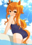  1girl :p animal_ears ass azuma_satsuki blue_swimsuit brown_eyes brown_hair cloud ear_ribbon highres horse_ears horse_girl horse_tail long_hair looking_at_viewer mayano_top_gun_(umamusume) one-piece_swimsuit outdoors pool poolside school_swimsuit sky smile solo swimsuit tail tan tanlines thighs tongue tongue_out two_side_up umamusume wading water 