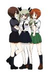  3girls anchovy_(girls_und_panzer) anzio_school_uniform arm_grab bangs belt black_belt black_footwear black_neckerchief black_necktie black_ribbon black_skirt black_socks blouse brown_eyes brown_footwear brown_hair closed_mouth commentary crossed_arms dress_shirt drill_hair emblem girls_und_panzer green_hair green_skirt grey_shirt hair_ribbon hand_on_another&#039;s_shoulder highres kneehighs kuromorimine_school_uniform loafers long_hair looking_at_another miniskirt multiple_girls neckerchief necktie nishizumi_maho nishizumi_miho ooarai_school_uniform open_mouth pantyhose pleated_skirt red_eyes restrained ri_(qrcode) ribbon sailor_collar school_uniform serafuku shirt shoes short_hair siblings simple_background sisters skirt smile socks standing summer_uniform sweatdrop twin_drills twintails white_background white_pantyhose white_sailor_collar white_shirt wing_collar 