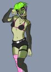  2022 amphibian anthro breasts clothed clothing digital_media_(artwork) female frog green_hair hair hi_res ldr looking_at_viewer midriff navel non-mammal_breasts simple_background smile solo yellow_eyes 