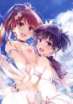  2girls absurdres bangs bare_shoulders bikini black_hair blue_sky blush breasts cloud cloudy_sky collar collarbone comic_aun day fingernails hair_ornament high_ponytail highres long_hair looking_at_viewer looking_back medium_breasts misaki_kurehito multiple_girls nipples open_mouth outdoors ponytail purple_eyes red_hair shiny shiny_hair shiny_skin short_hair short_twintails side-tie_bikini sky smile star_(symbol) star_hair_ornament swimsuit twintails v water water_drop 