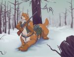  clothing forest gun harness hunting male mammal mammal_taur outside plant ranged_weapon rifle saddle_bag snow taur thestory topwear tree ursid ursid_taur vest weapon winter 