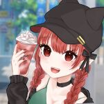  1girl :d alternate_costume ao_orin_ringo blurry blurry_background blurry_foreground braid choker cup day depth_of_field hat highres holding holding_cup kaenbyou_rin looking_at_viewer nail_polish open_mouth outdoors pointy_ears red_hair red_nails smile solo teeth touhou twin_braids upper_teeth 