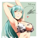  1girl armpits arms_up bikini black_bikini blush breasts dated green_hair grin hair_between_eyes heart kantai_collection large_breasts long_hair navel one_eye_closed signature smile solo suzuya_(kancolle) swimsuit upper_body yellow_eyes yua_(checkmate) 