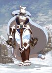  anthro axe big_breasts breasts chochi cougar felid feline female fur hi_res krillos mammal melee_weapon mountain nordic nordic_runes norse norse_runes snow solo warpaint warrior weapon white_body white_fur yellow_eyes 