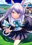  absurdres animal_ears coffee1223 commentary gold_ship_(umamusume) grass highres horse_ears ikuno_dictus_(umamusume) long_hair looking_at_viewer mejiro_mcqueen_(umamusume) purple_eyes purple_hair racetrack ribbon running sky solo_focus sweat tokai_teio_(umamusume) umamusume uniform 