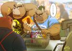  ...? anthro ashigara bodily_fluids brown_body brown_fur canid canine canis cash_register domestic_dog duo embarrassed eyebrows fur group hikoero777 humor lifewonders male mammal shopping shopping_basket sweat thick_eyebrows tokyo_afterschool_summoners topknot trio ursid video_games whistling yasuyori 