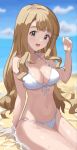  1girl :d arm_at_side bangs bare_arms bare_shoulders beach bikini blue_sky blunt_bangs blurry blurry_background blush breasts brown_eyes brown_hair cleavage cloud commentary_request cowboy_shot day ebifu front-tie_bikini front-tie_top groin halter_top halterneck hand_up highres idolmaster idolmaster_million_live! long_hair looking_at_viewer medium_breasts miyao_miya navel open_mouth outdoors partially_submerged shallow_water sidelocks sitting sky smile solo stomach swimsuit very_long_hair water water_drop wavy_hair wet white_bikini 