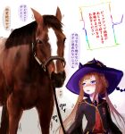 1girl anger_vein animal_ears bow braid bridle brown_hair commentary creature_and_personification fantomyu hat hat_bow highres horse horse_ears horse_girl irony long_hair motion_lines pulled_by_another pulling purple_eyes real_life robe sweep_tosho_(racehorse) sweep_tosho_(umamusume) traditional_media translated umamusume very_long_hair witch_hat 
