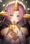  1girl bare_shoulders blue_eyes collarbone commentary_request fate/grand_order fate_(series) flower frankenstein&#039;s_monster_(fate) heterochromia highres holding holding_flower horns looking_at_viewer pink_hair short_hair single_horn skoll_world solo upper_body white_sleeves yellow_eyes 