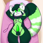  ailurid anthro balls bed cupoflavender digital_media_(artwork) fur furniture genitals green_body green_eyes green_fur green_penis hair harness hi_res leash looking_at_viewer lying male mammal on_back on_bed penis red_panda smile solo submissive tapering_penis toxic_(mountandrew) 