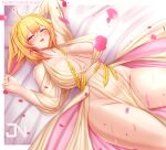  1girl absurdres animal_ears arms_up blush bonnie_(bunny_gif) breasts breasts_apart covered_navel dress floppy_ears highres indie_virtual_youtuber jnstudio large_breasts no_bra no_panties orange_hair parted_lips petals pink_eyes rabbit_ears rabbit_girl revealing_clothes solo virtual_youtuber white_dress 