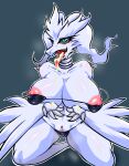  anthro bidul72476120 bodily_fluids breasts clothed clothing cum cum_in_mouth cum_inside cum_on_hand female genital_fluids genitals hi_res kneeling legendary_pok&eacute;mon nintendo nipples open_mouth partially_clothed pok&eacute;mon pok&eacute;mon_(species) pussy reshiram solo tongue tongue_out underwear underwear_down video_games white_body 