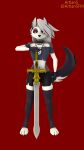  3_toes 3d_(artwork) absurd_res angry anthro artians barefoot bottomwear canid canid_demon canine choker clothed clothing collar demon digital_media_(artwork) digitigrade fangs feet female fingerless_gloves fire_emblem fire_emblem_path_of_radiance flat_chested frown fur gloves hair handwear hellhound helluva_boss hi_res inverted_pentagram jewelry legwear longsword looking_at_viewer loona_(helluva_boss) mammal melee_weapon multicolored_body multicolored_fur navel necklace nintendo notched_ear paws pentagram red_background red_sclera shirt shorts simple_background solo source_filmmaker spiked_collar spikes standing stockings sword toeless_legwear toes topwear torn_clothing video_games watermark weapon white_body white_eyes white_fur white_hair 