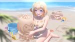  1girl absurdres alternate_costume bangs bare_legs bare_shoulders barefoot beach bikini blonde_hair blue_eyes blunt_bangs blurry blurry_foreground breasts bubba_(watson_amelia) bucket cleavage collarbone earrings english_text foliage front-tie_top halter_top halterneck heart highres hololive jewelry large_breasts looking_at_viewer medium_hair ocean one_side_up open_mouth sand_sculpture sand_writing shovel side-tie_bikini sitting smile stopwatch swimsuit virtual_youtuber wariza watson_amelia yuutarou_art 