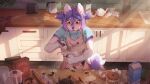  2022 5_fingers ambiguous_gender anthro baking canid canine canis clothed clothing digital_media_(artwork) domestic_dog eyebrows eyelashes fingers fumiko hair mammal purple_hair red_eyes solo 