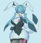  anthro big_breasts biped blue_background blue_body blush breasts cleavage clothed clothing condom eeveelution female glaceon hi_res houh legwear nintendo pok&eacute;mon pok&eacute;mon_(species) sexual_barrier_device simple_background solo standing thick_thighs thigh_highs video_games wide_hips 