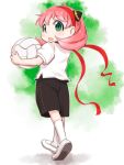  anya_(spy_x_family) ball black_shorts female_child green_eyes hair_ornament hairband highres holding holding_ball looking_at_viewer looking_back open_mouth pink_hair red_hairband shirt shoes shorts socks spy_x_family t-shirt teruki_kuma walking white_footwear white_shirt 