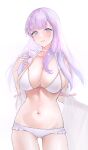  1girl absurdres ass_visible_through_thighs azur_lane bangs bikini blush breasts choker cl_(summer_sama) cleavage cowboy_shot frilled_bikini frills grin hair_ornament hand_up highres large_breasts looking_at_viewer navel parted_lips plymouth_(azur_lane) purple_eyes purple_hair see-through simple_background smile solo swept_bangs swimsuit white_background white_bikini white_choker 