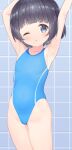  1girl armpits arms_up bangs black_hair blue_background blue_eyes blue_swimsuit child collarbone commentary_request competition_swimsuit covered_navel cowboy_shot dot_nose fipnlzq5cq3ezfr flat_chest groin highleg highleg_swimsuit highres light_blush looking_at_viewer one-piece_swimsuit one_eye_closed original parted_lips short_hair solo swimsuit thighs tiles 