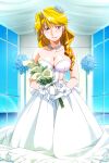  1girl bead_necklace beads blonde_hair blue_eyes blush breasts christine_garland cleavage dress earrings facing_viewer flower gloves holding holding_flower jewelry kneeling long_hair looking_at_viewer necklace non-web_source official_art photoshop_(medium) solo super_real_mahjong toono_mizuki wedding_dress white_dress white_gloves window 