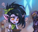  1boy 1girl ? akali alternate_form bangs bare_shoulders black_hair chopsticks cloud_tattoo colored_skin dress fang green_dress grey_background hair_ornament holding kennen league_of_legends long_hair mask mouth_mask one_eye_closed open_mouth phantom_ix_row pink_eyes pointy_ears ponytail purple_skin shiny shiny_hair sweatdrop tongue tongue_out upper_body yordle 