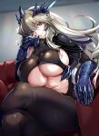  1girl artoria_pendragon_(fate) artoria_pendragon_(lancer_alter)_(fate) black_bodysuit black_capelet blonde_hair bodysuit breasts capelet center_opening couch crossed_legs fate/grand_order fate_(series) gauntlets hair_between_eyes highres horns large_breasts long_hair looking_at_viewer navel revealing_clothes ribbed_bodysuit ruri_rarako sidelocks sitting smile solo thick_thighs thighs underboob yellow_eyes 