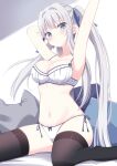  1girl armpits arms_up bra breasts green_eyes highres long_hair looking_at_viewer navel on_bed original panties sitting sitting_on_bed solo stomach suzunashi_rei thighhighs twintails underwear white_bra white_hair white_panties 