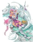  1girl armor clip_studio_paint_(medium) dragon eating highres knight original pink_hair pointy_ears weapon xaxaxa 