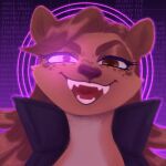  1:1 absurd_res anthro binary_code clothing digital_media_(artwork) fangs female glowing glowing_eyes helena_(bonk6) hi_res hyaenid jacket mammal sheol_(artist) sinister smile smiling_at_viewer solo topwear 