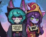  2girls bangs black_hoodie colored_skin dress english_text freckles green_eyes green_hair hat holding holding_sign hood hood_up hoodie league_of_legends long_hair long_sleeves lulu_(league_of_legends) multicolored_background multiple_girls phantom_ix_row pink_eyes pink_skin purple_hair red_dress red_headwear shiny shiny_hair short_hair sign smile swept_bangs upper_body very_long_sleeves vex_(league_of_legends) witch_hat yordle 