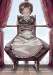  1girl absurdres apron balcony black_hair blush bound_ankles breasts chair cleavage flower highres looking_at_viewer maid maid_apron original restrained sitting soleil_(soleilmtfbwy03) solo spread_legs tiptoes white_eyes 