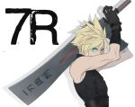 1boy aqua_eyes belt black_gloves blonde_hair cloud_strife final_fantasy final_fantasy_vii final_fantasy_vii_remake gloves hair_between_eyes hard_edge holding holding_sword holding_weapon kiki_lala looking_at_viewer male_focus muscular muscular_male short_hair sleeveless sleeveless_turtleneck solo spiked_hair suspenders sword turtleneck upper_body weapon white_background 