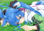  1girl animal_ears black_ribbon blue_eyes blue_hair clenched_teeth commentary_request day drawstring grass hair_ribbon heterochromia horse_ears horse_girl horse_tail jacket long_hair long_sleeves lying miri_(ago550421) multicolored_hair on_grass on_stomach outdoors puffy_long_sleeves puffy_sleeves purple_eyes ribbon sharp_teeth solo sweat tail tears teeth twin_turbo_(umamusume) twintails two-tone_hair umamusume very_long_hair white_jacket 