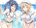  bikini blonde_hair blue_hair blue_sky breasts cleavage cloud commission cowboy_shot dairyo3 frilled_bikini frills green_eyes grin hat highres large_breasts leaning_forward long_hair looking_at_viewer love_live! love_live!_sunshine!! matsuura_kanan ohara_mari one_eye_closed ponytail purple_eyes short_hair skeb_commission sky smile sun_hat swimsuit thigh_gap white_bikini white_headwear 