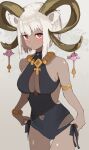  1girl absurdres animal_ears arknights ass_visible_through_thighs bare_shoulders binware black_swimsuit blush bracelet breasts carnelian_(arknights) carnelian_(shining_dew)_(arknights) casual_one-piece_swimsuit cleavage cleavage_cutout clothing_cutout cowboy_shot dark-skinned_female dark_skin goat_ears goat_girl goat_horns grey_background highres horn_ornament horns jewelry large_breasts looking_at_viewer navel_cutout official_alternate_costume one-piece_swimsuit red_eyes see-through_swimsuit short_hair simple_background solo swimsuit thigh_gap white_hair 