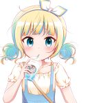  1girl bangs blonde_hair blue_eyes blue_hair blue_skirt collarbone cup disposable_cup drinking_straw gochuumon_wa_usagi_desu_ka? goth_risuto hairband holding holding_cup jewelry kirima_syaro low_twintails multicolored_hair pendant shirt short_sleeves simple_background skirt solo suspender_skirt suspenders twintails two-tone_hair upper_body white_background white_hairband white_shirt 