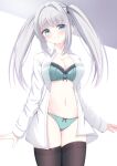  1girl bra breasts green_bra green_eyes green_panties highres long_hair long_sleeves looking_at_viewer navel open_clothes open_shirt original panties shirt solo standing stomach suzunashi_rei thighhighs thighs twintails underwear white_hair white_shirt 
