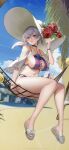  1girl arm_support azur_lane bangs bare_shoulders bikini blue_sky blurry blurry_background breasts choker cleavage collarbone commentary_request day earrings flower hammock hand_up hat highres jewelry large_breasts lips long_hair looking_away low_ponytail navel outdoors purple_bikini purple_eyes purple_hair reno_(azur_lane) reno_(summer_spin-off)_(azur_lane) sandals simple_background sitting sky solo stomach sweatdrop swimsuit thighs toes tokiwa_midori_(kyokutou_funamushi) watch wristwatch 
