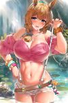  1girl abs animal_ears bangs bare_shoulders belt blue_eyes blush bracelet braid breasts cleavage collarbone highres horse_ears horse_girl jewelry kawai_(purplrpouni) large_breasts light_brown_hair light_rays looking_at_viewer medium_hair necklace off-shoulder_shirt off_shoulder open_mouth pond shirt short_shorts shorts side_braid solo suspender_shorts suspenders taiki_shuttle_(bubblegum_memories)_(umamusume) taiki_shuttle_(umamusume) thighs umamusume wading wet white_shorts 