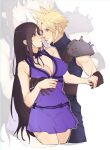  1boy 1girl armor bare_arms bare_shoulders black_hair blonde_hair blue_eyes breasts cleavage cloud_strife couple cowboy_shot dress earrings final_fantasy final_fantasy_vii final_fantasy_vii_remake gloves hug jewelry large_breasts long_hair looking_at_another neck_ribbon official_alternate_costume perlmuttt red_eyes ribbon shoulder_armor sleeveless sleeveless_dress sleeveless_turtleneck spiked_hair tifa_lockhart tifa_lockhart&#039;s_refined_dress turtleneck 