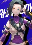  1girl absurdres apex_legends arifuseyo arm_strap black_gloves black_hair black_nails blue_background blue_eyes bodysuit breasts fingerless_gloves gloves head_tilt headphones heterochromia highres lip_piercing looking_at_viewer medium_breasts orange_eyes piercing purple_bodysuit rhapsody_(apex_legends) short_hair smile solo 