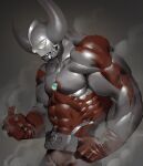  1boy abs alien bara belt belt_buckle buckle clenched_hands father_of_ultra fighting_stance giant gloves highres horns long_horns male_focus manly mature_male muscular muscular_male nicholas_f pose red_gloves smoke steam steaming_body tokusatsu ultra_series ultraman_ace_(series) 